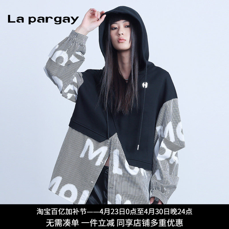 La pargay纳帕佳撞色连帽短外套女宽松百搭美式复古涂鸦印花卫衣