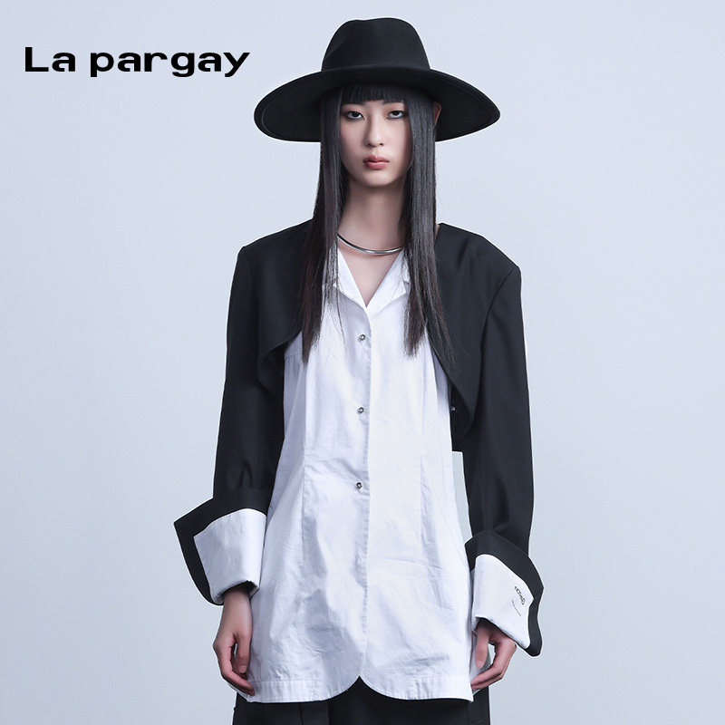 lapargay纳帕佳设计感黑白撞色短款长袖西装两件套极简风外套女款