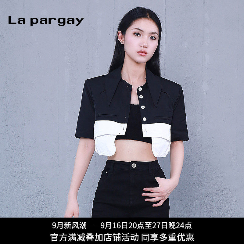 纳帕佳黑色撞色拼接短袖夹克女