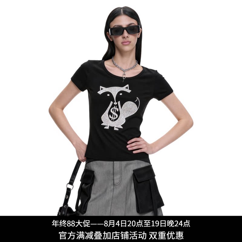 纳帕佳辣妹狐狸印花短款T恤女