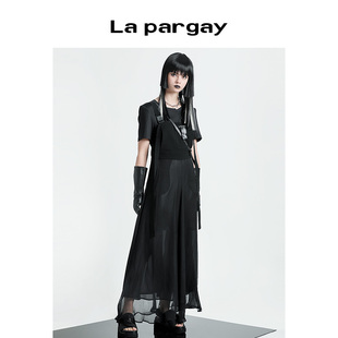 La pargay纳帕佳极简风黑色背带连衣裙女显瘦中长款轻奢拼接网纱