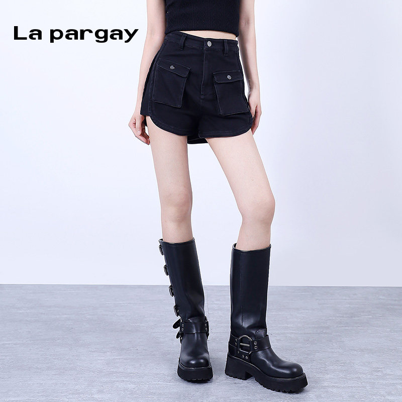 La pargay纳帕佳酷感高腰黑色工装短裤女百搭设计感多口袋休闲裤