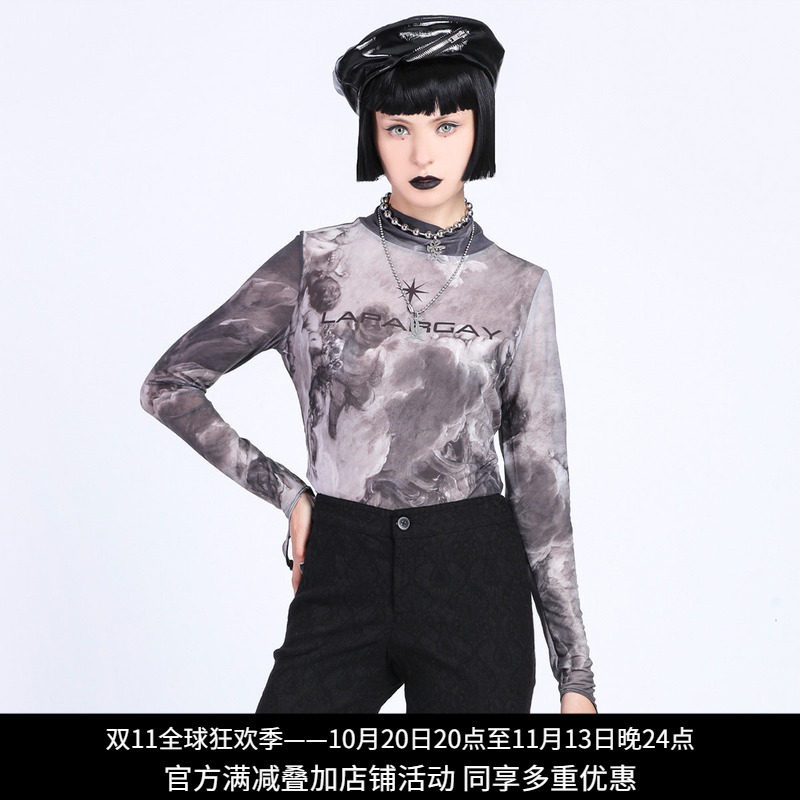 纳帕佳扎染高领网纱长袖T恤女
