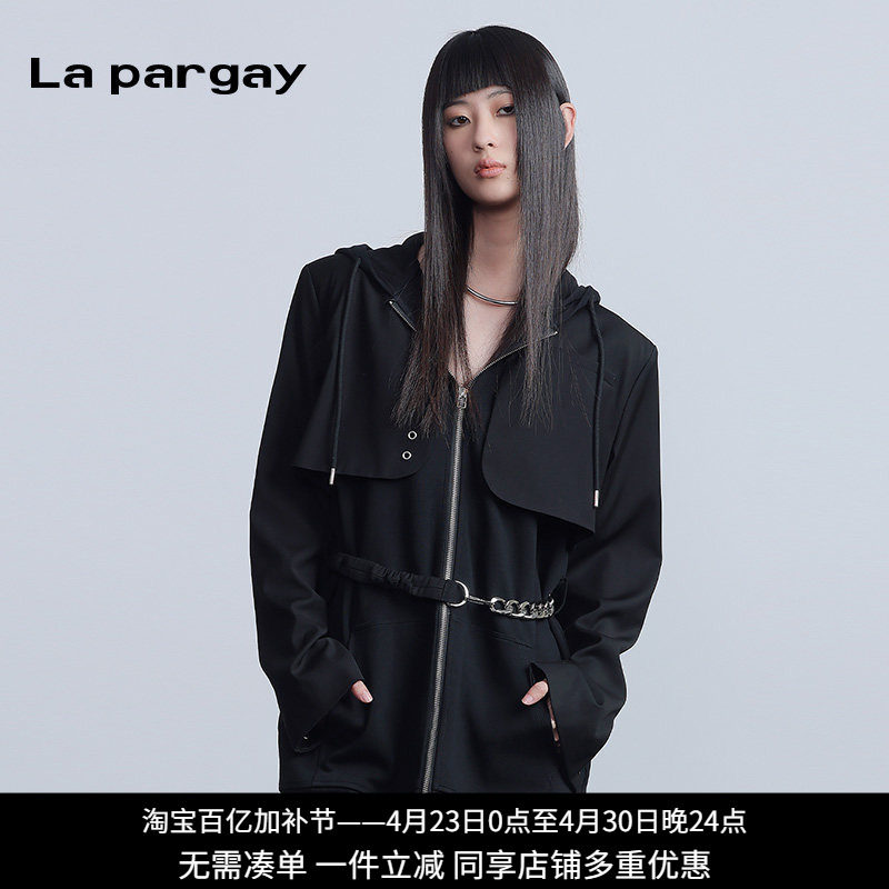 La pargay纳帕佳黑色连帽中长款风衣女收腰拉链外套设计感休闲