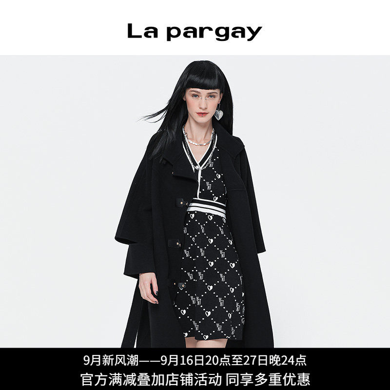 Lapargay黑色长款翻领毛呢外套