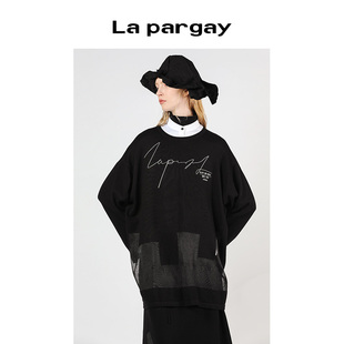 圆领拼接针织衫 黑色上衣百搭休闲长袖 女装 Lapargay纳帕佳2024新款