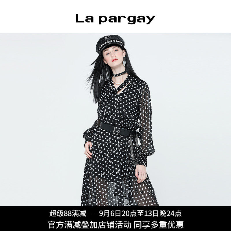 纳帕佳复古波点收腰不规则连衣裙