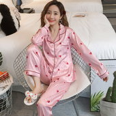 睡衣女学生丝绸开衫 夏 翻领女士真丝家居服套装 冰丝薄款 春秋季 长袖