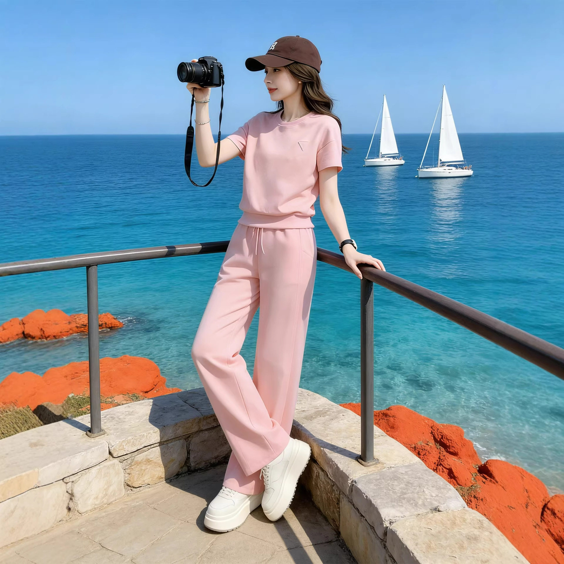 小个子夏装穿搭一整套减龄卫衣短袖T恤直筒长裤休闲套装女两件套