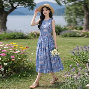 2026夏季新款女装碎花沙滩度假风裙子无袖圆领中长款连衣裙SY2926
