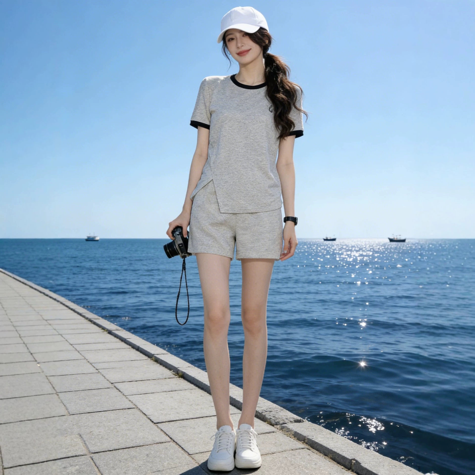 学院风休闲运动套装女夏季短袖T恤宽松短裤跑步服两件套显瘦减龄