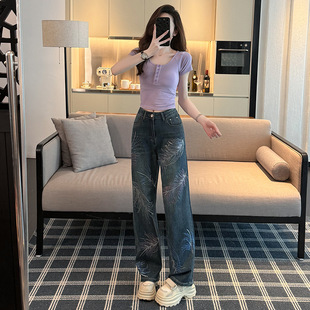 T恤阔腿牛仔裤 女夏洋气咖色短袖 两件套 套装 复古街头减龄休闲时尚