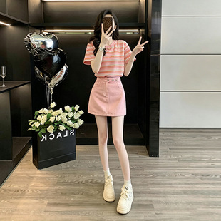 夏日绝美俏皮小套装女减龄洋气条纹短袖上衣粉色时尚牛仔裙两件套