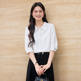 雪纺蓝色上衣衬衫女士夏季公考教师面试V领职业套装内搭衬衣