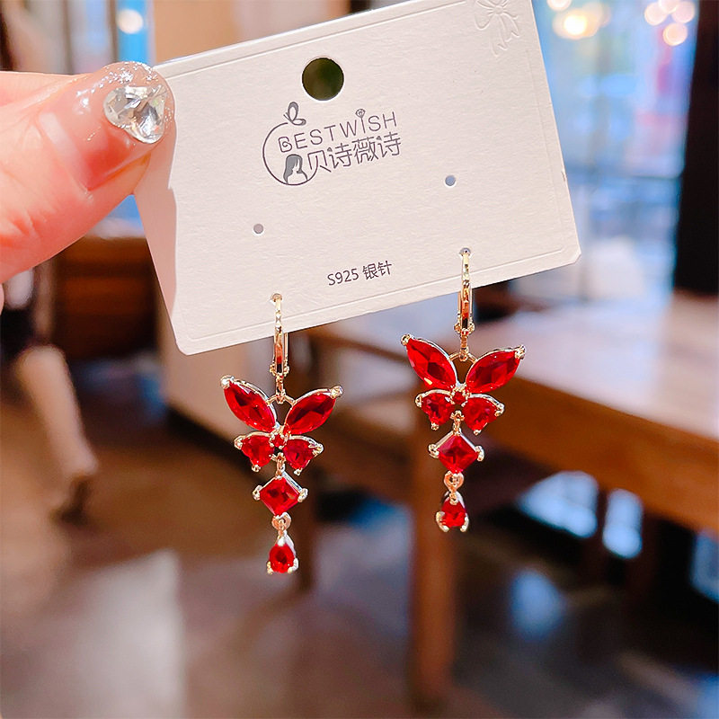 韩版ins风红色锆石蝴蝶结吊坠流苏耳环 精致百搭个性轻奢风耳饰品