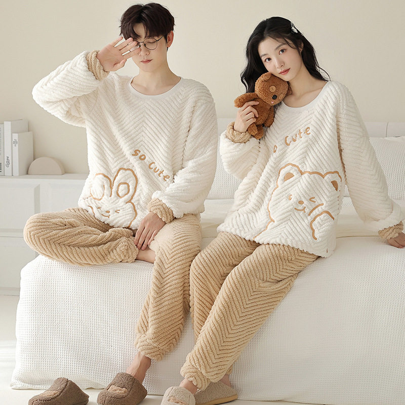 结婚情侣睡衣冬季珊瑚绒套头卡通可爱少女加绒加厚法兰绒家居服