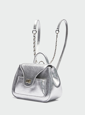 HIATUS银色爱心吊坠双肩包小香风链条包INS博主学生油蜡皮单肩包