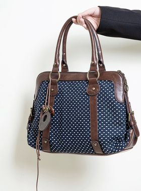 HIATUS文艺复古vintage日系古着包撞色针织波点藏蓝色手提斜挎包