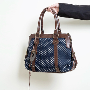 HIATUS文艺复古vintage日系古着包撞色针织波点藏蓝色手提斜挎包