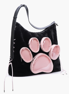 HIATUS原创爪子毛绒双肩斜挎痛包大容量格纹背包可爱狗/猫爪子包