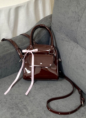 HIATUS巧克力色漆皮蝴蝶结迷你双肩小背包小巧复古手提小方包挎包