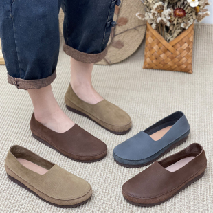 复古女鞋猪皮鞋垫圆头妈妈鞋春季新款牛筋底老人鞋一脚蹬防滑平底