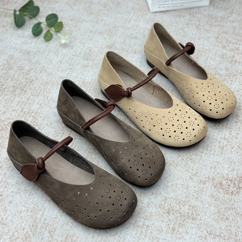 手工真皮妈妈凉鞋2025新款洞洞鞋镂空牛皮平底复古女鞋奶奶鞋女