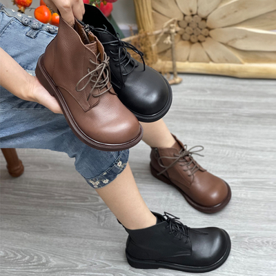 真皮短靴头层牛皮系带手工休闲