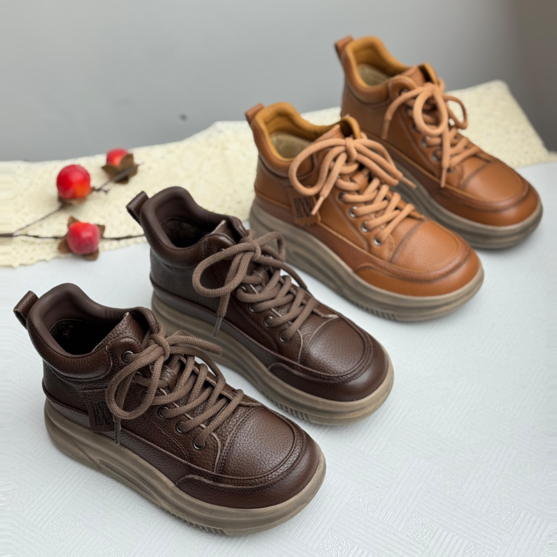 头层牛皮女高帮短靴系带厚底马丁靴复古休闲靴加绒加厚保暖二棉鞋