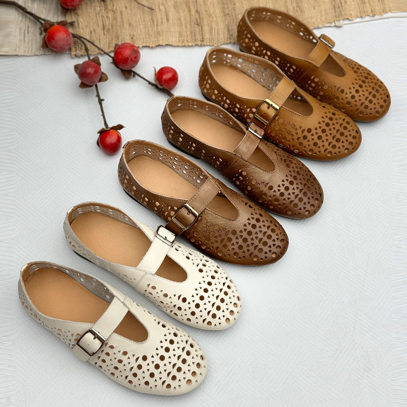 手工真皮复古妈妈凉鞋2025新款夏季镂空女鞋包头凉鞋平底罗马凉鞋,女鞋,洞洞鞋,淘宝优惠券,粉丝福利购,淘宝优惠卷