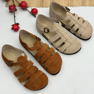 手工真皮复古妈妈凉鞋2025新款夏季镂空女鞋厚底包头凉鞋平底鞋子