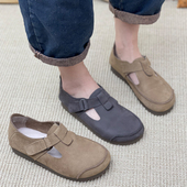 懒人复古风单鞋 手工真皮厚底勃肯鞋 豆豆鞋 新款 女全包内增高春季