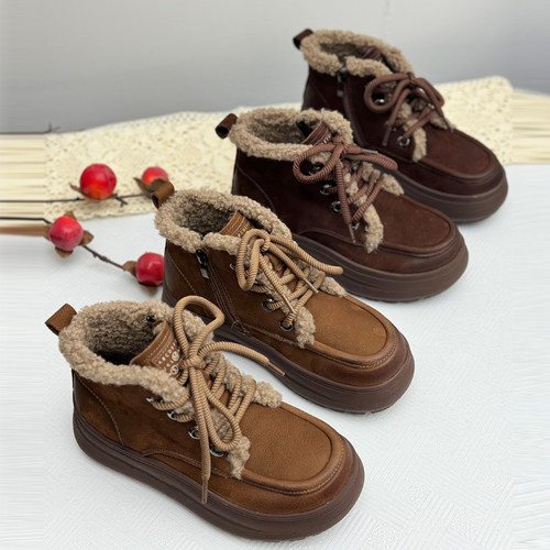 复古真皮毛绒马丁靴女冬季加绒保暖雪地靴厚底系带短靴二棉靴子