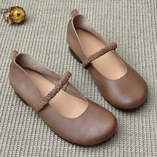 文艺森女小皮鞋 复古真皮休闲圆头一字带单鞋 浅口头层牛皮平底女鞋