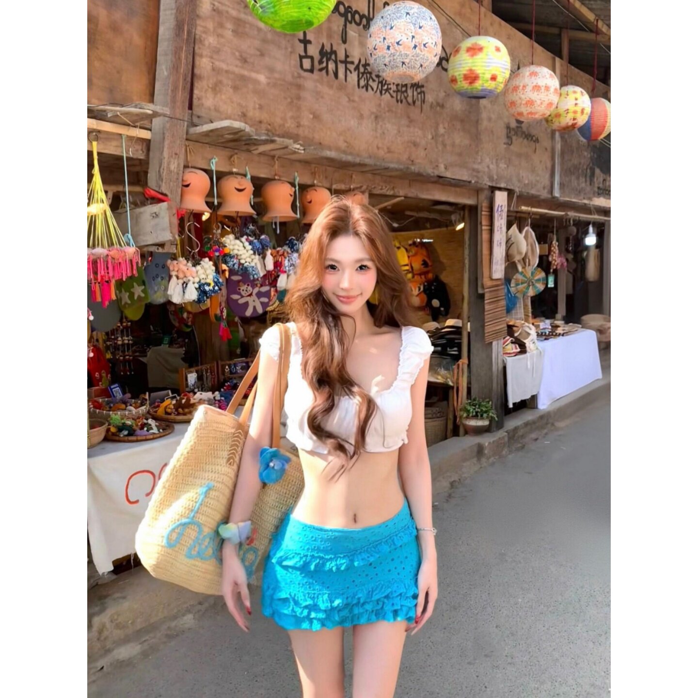 性感辣妹套装女夏季海岛度假穿搭巨好看短款上衣半身短裙子两件套