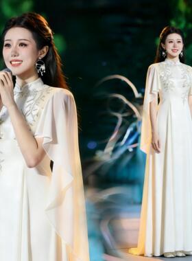 白色主持人晚礼服独唱水袖民族声乐礼服比赛艺考古筝演出服20767