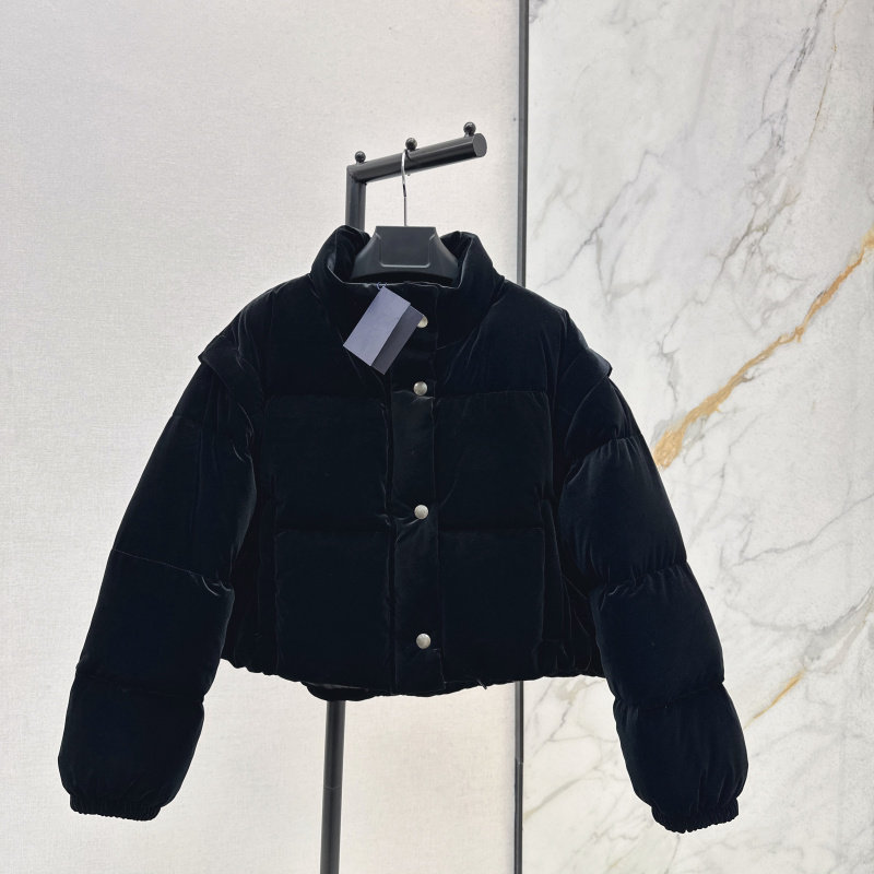 可拆卸袖丝绒短款立领羽绒面包服