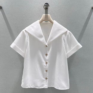 套装 阔腿裤 衬衫 大翻领白色单排扣短袖