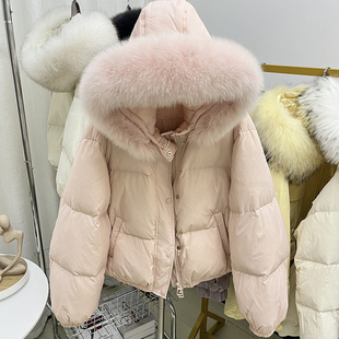 韩版羽绒服女短款连帽真狐狸大毛领加厚宽松保暖时尚外套2025新款