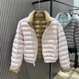 90白鸭绒排骨双面拼色羽绒服女短款2025冬季新款韩版立领撞色外套