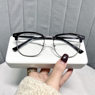 新款 复古眉毛半框休闲商务防蓝光眼镜架2204 K9085黑色近视眼镜男