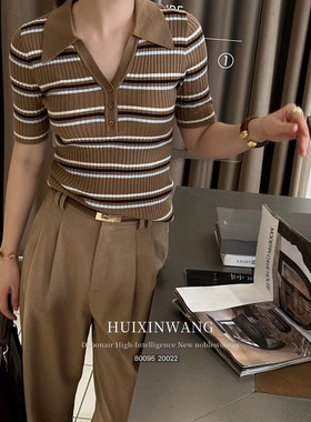 撞色条纹 活力智感秋日抗起球绵羊毛复古POLO领针织套衫短袖T恤女
