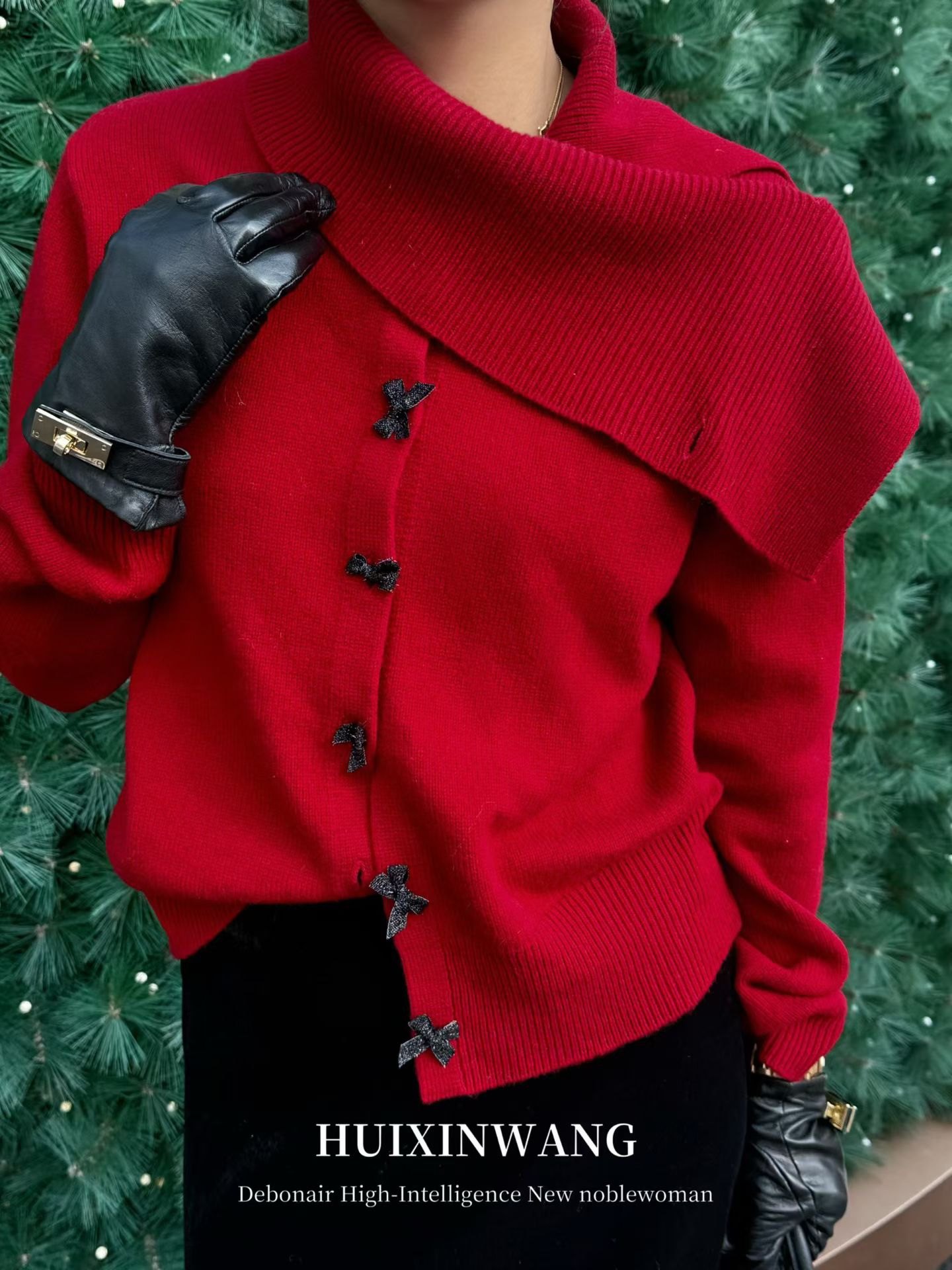 自由日志 节日穿搭围巾领羊绒+羊毛法式蝴蝶结慵懒红色针织衫外套,女装/女士精品,毛针织衫,淘宝优惠券,粉丝福利购,淘宝优惠卷