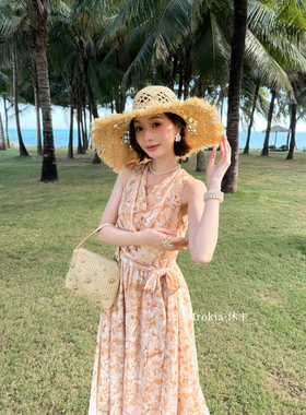 南法女神印象 艺术水墨晕染 层次荡领绑带显瘦收腰印花长裙连衣裙