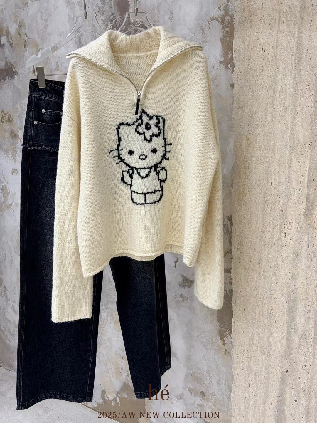 学院风卡通猫咪图案宽松休闲百搭半拉链翻领羊毛针织衫套头毛衣女