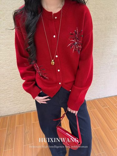 新年红【温妮闪闪针织】丝羊毛气质珠片花朵小香开衫外套休闲上衣