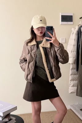 高定新国标95白鹅绒女士秋冬绗缝柔软皮毛一体夹克短款羽绒服外套