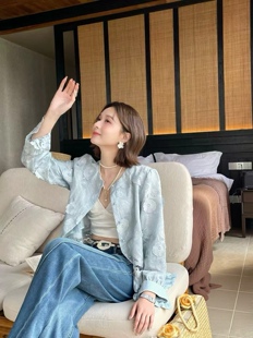 清冷书卷气 蓝调叙事·如云似水 立体贴花镂空拼接长袖外套女上衣