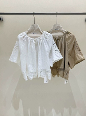 拿捏Lema*re高智松弛 高密微微皱镂空团花刺绣短袖衬衫女宽松上衣