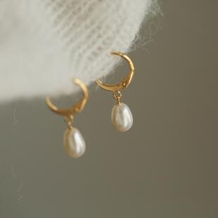 优雅百搭通勤耳饰小巧耳坠女生礼物 法式 特 天然米形淡水珍珠耳环